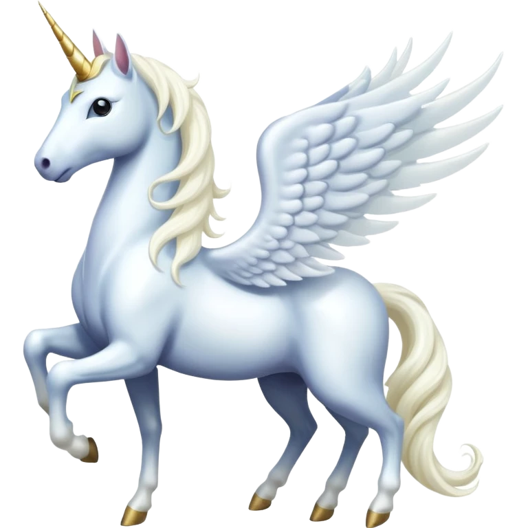 All white Cinematic Noble Unicorn with wings, slender with a flowing mane and tail and spiraled horn emoji