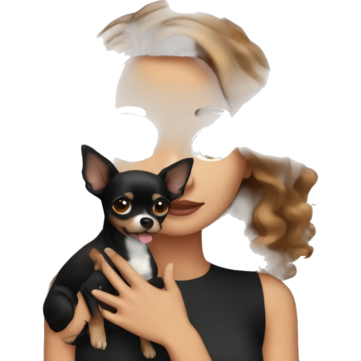 Pretty woman with brown wavy hair holding a black chihuahua  emoji