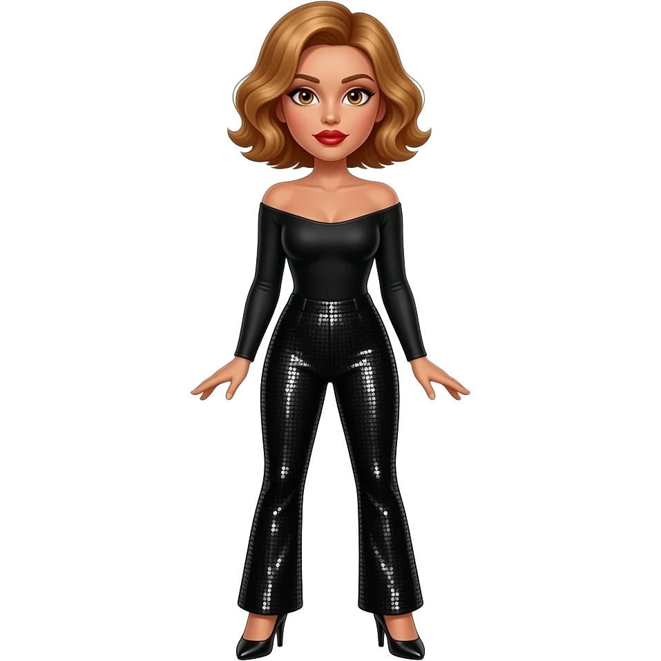 glamours,-tanned,-very-beautiful-woman-with-big-plump-red-lips,-long-long-lashes,-honey-silky-very short- hair,-wavy-hair,-hazel-eyes- wearing-black-bodysuit-and-black-sequinned-pants-black-stilettos-shrugging-full-body emoji