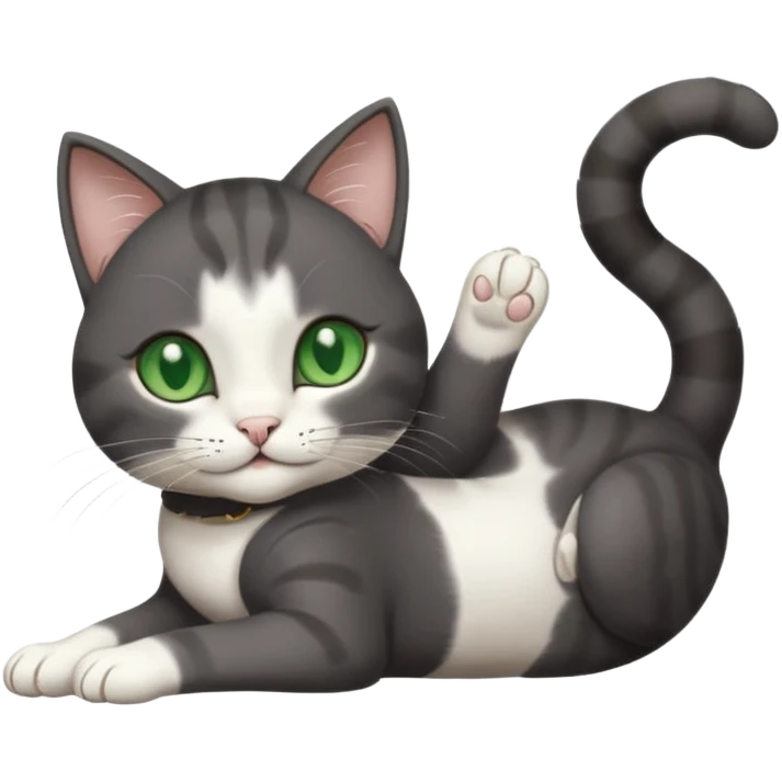 beautiful female solid dark grey cat with green eyes, white toes/paws and white patch on her chest playfully rolling upside down emoji