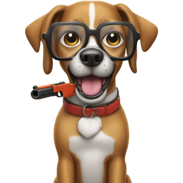 Dog wearing goofy glasses with a toy gun emoji