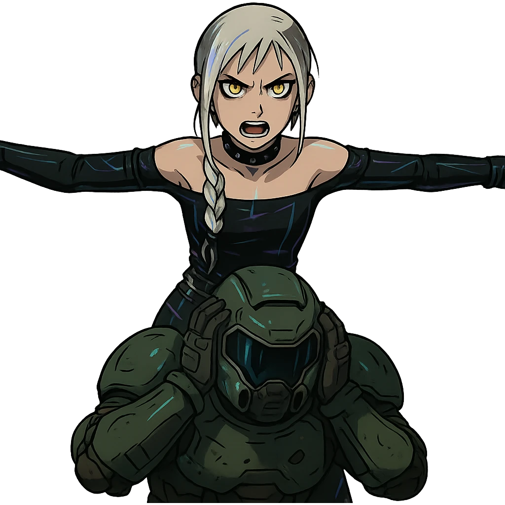  young woman with gold yellow eyes, white hair, long braid, black off-shoulder top, punk gothic style, futuristic cyberwave cyberpunk,, she is aggresively t-posing over a cowering doomguy emoji