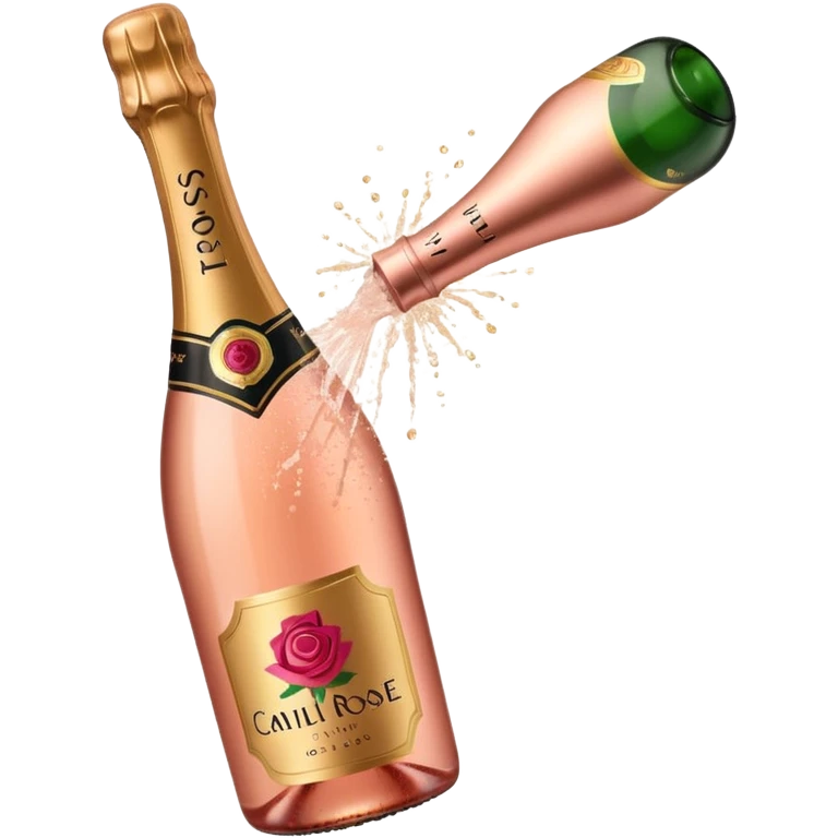 bottle of sparkling rosé champagne with a rose logo on the label, with the cork popping out from the top, tilted up and to the left, no glass emoji