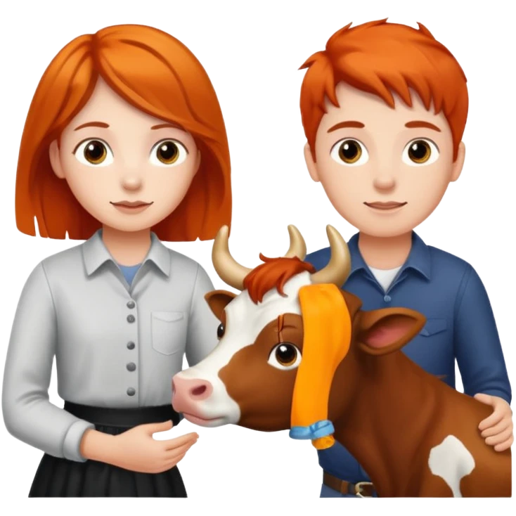 A boy with brown hair and a girl with orange hair petting a cow emoji