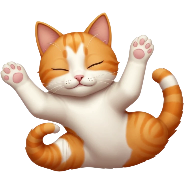 ginger and white small cat eyes closed lying down upside down with paws stretched out in different directions emoji
