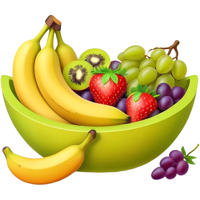 A fruit bowl with bananas mango kiwi strawberries grapes emoji