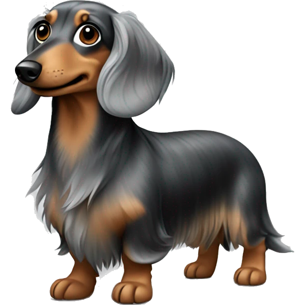 Long haired dapple dachshund, tan, gray & black. Full body  emoji