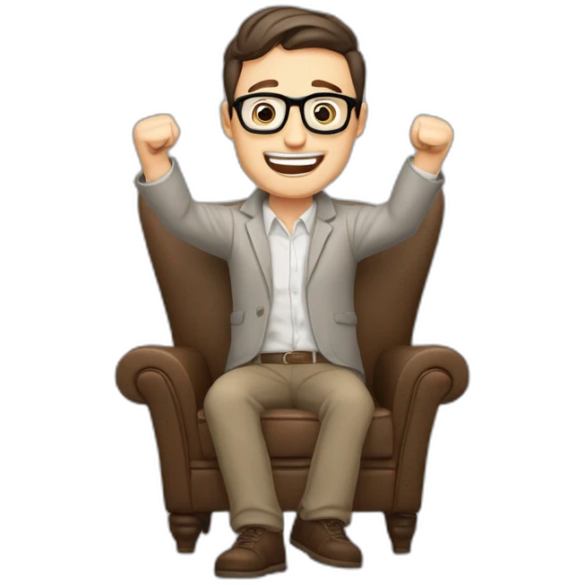 Joyful Celebrating victory Hands up Pale skinned Fit Man With dark brown hair in gray jacket, beige office shirt, Brown pants and vintage glasses sitting In a soft chair emoji