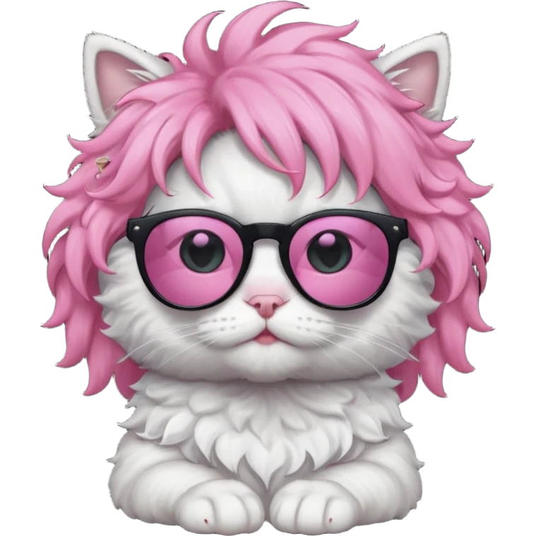 White cat wearing pink curly wig, black sunglasses, black T-shirt emoji