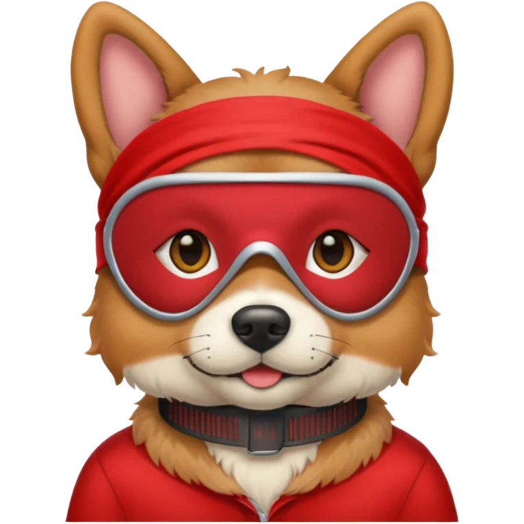 a dog with red sleep mask and wearing red shirt emoji