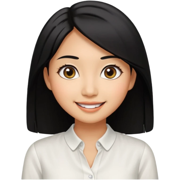 30 yr old asian woman center parted hair big eyes big smile tanned skin straight black hair hippie part hair white blouse shoulder length hair middle parted hair emoji
