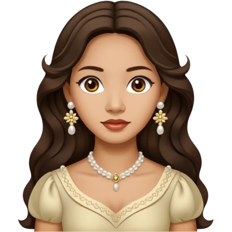 Tan Filipino woman with dark brown eyes and long dark wavy hair parted in the middle wearing a traditional filipiniana and white pearl stud earrings and no other jewelry emoji