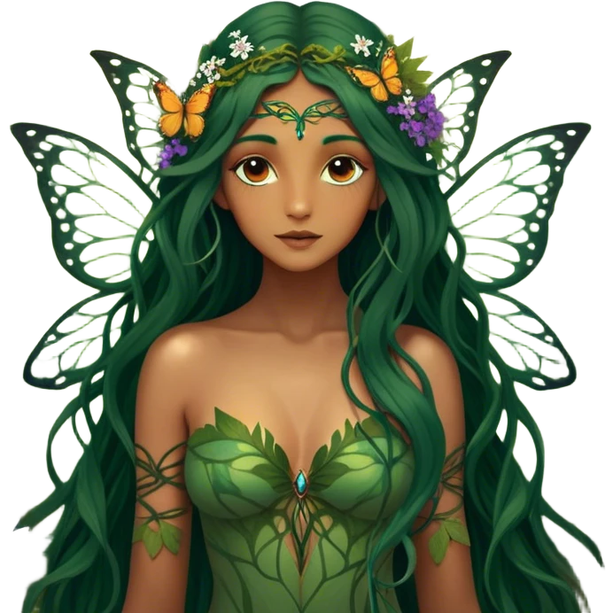 Cinematic Realistic Forest Nymph Fairy portrait, with butterfly wings and depicted with lifelike, sun-kissed tanned skin that radiates an earthy glow, softly illuminated by natural, dappled light. Her long, flowing dark green hair is intricately detailed and interwoven with delicate vines and wildflowers, while her deep, soulful eyes mirror the wisdom of the forest. Dressed in an attire inspired by nature’s palette—with subtle botanical motifs—the portrait exudes a soft, enchanted glow that melds realism with woodland magic. emoji