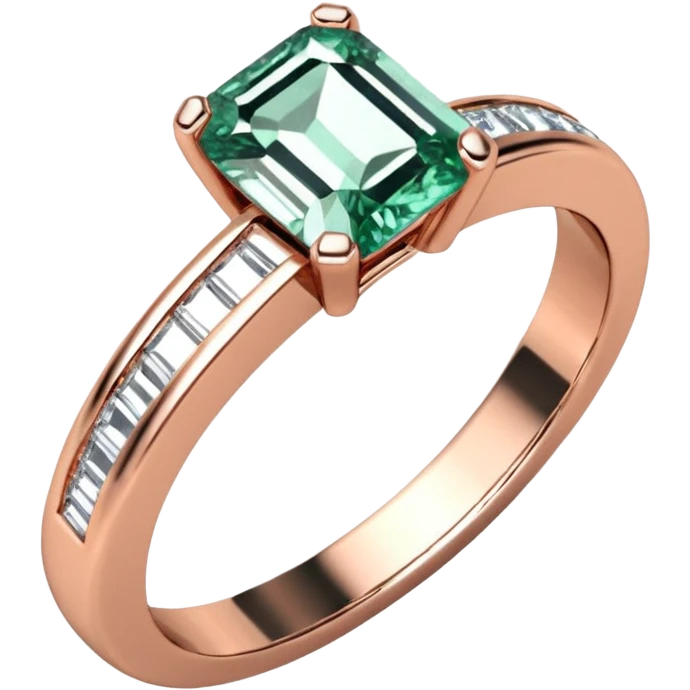 A rose gold, emerald cut diamond engagement ring. The band is a half eternity band emoji