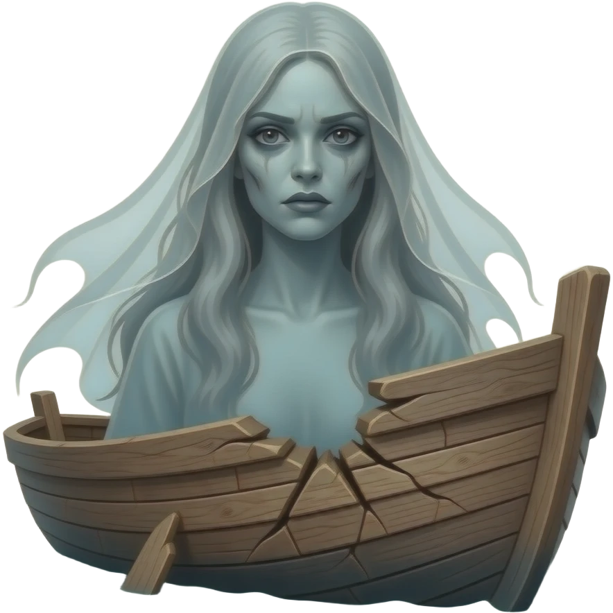 cinematic - a broken boat with a terrifying female apparition around which a transparent veil flutters emoji