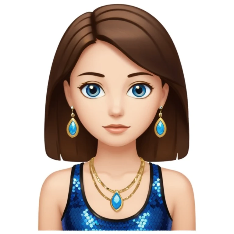 A woman with smooth brown hair with white skin and blue eyes, she has a black sequined tank top and golden jewelry emoji