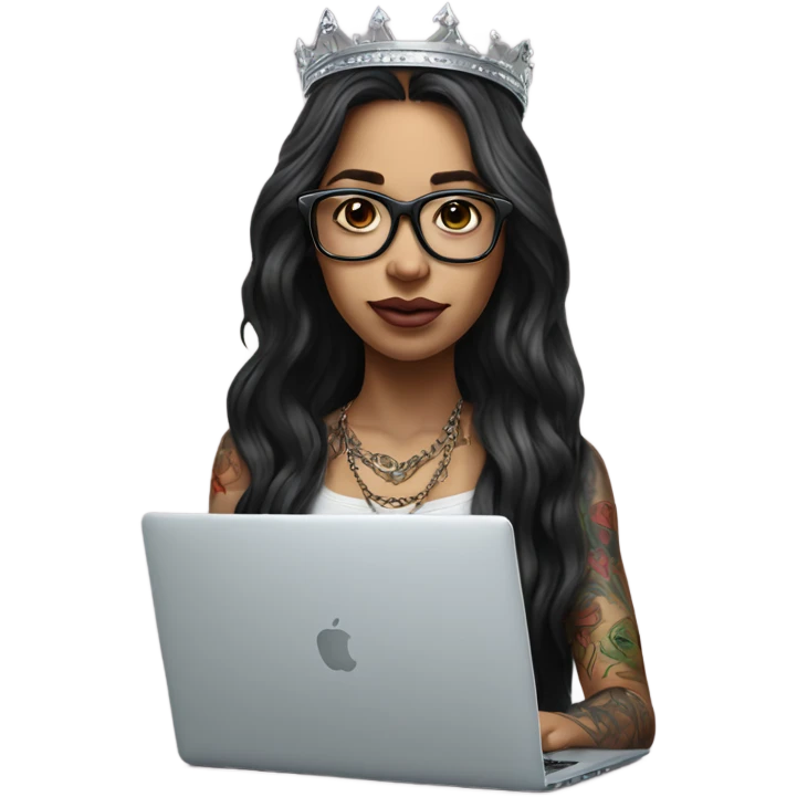 Hyperrealistic girl with long hair wearing a crown and glasses tattoos laptop emoji