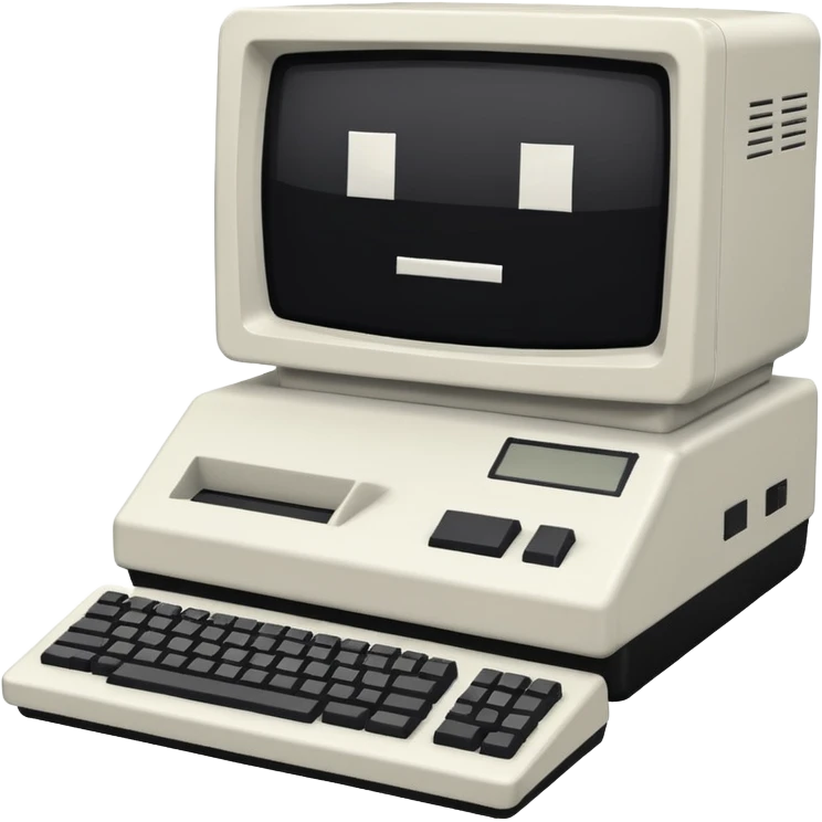 White and black 80s computer with face emoji