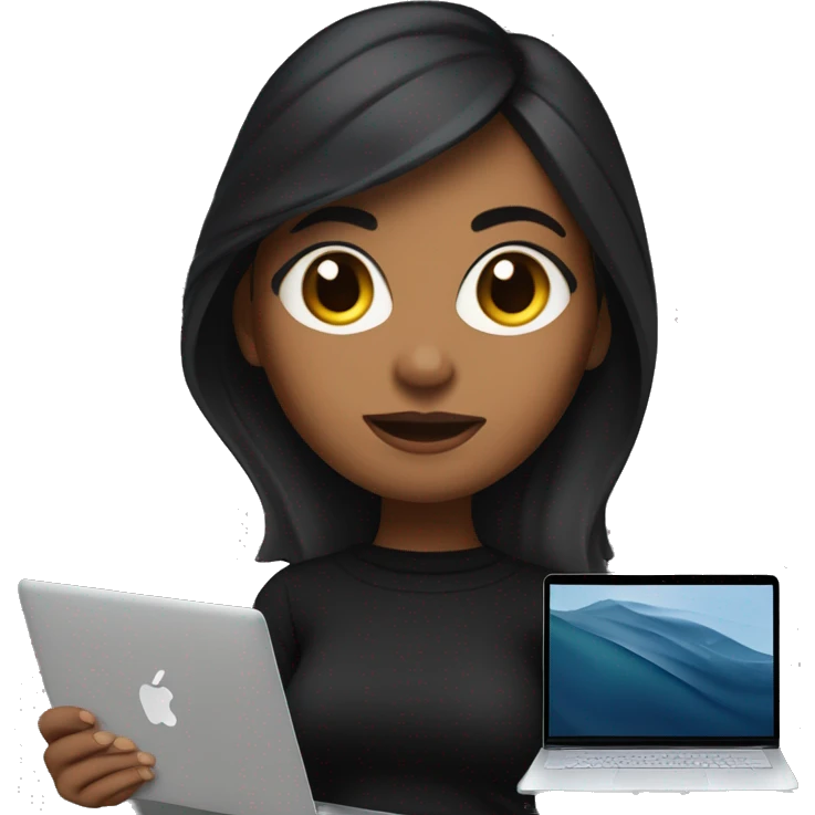     memoji of a woman with a laptop in front, apple-style,modern,dark hair,black sweater,computer in hand, srilankan brown skin, an avatar image gonna be round  emoji