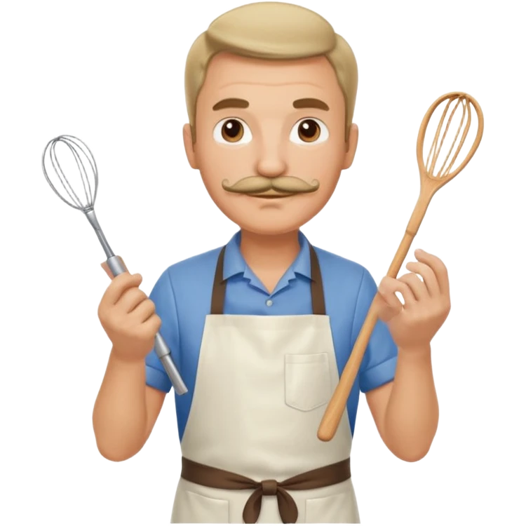 Middle-aged male pastry chef – mustache, wearing apron and whisk in hand
 emoji