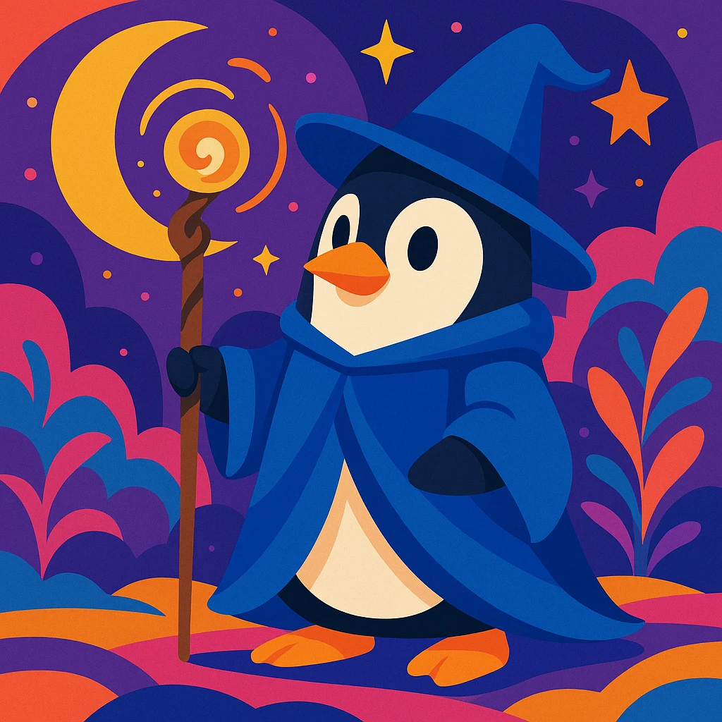a penguin dressed as a wizard, wearing a pointed hat and holding a magic staff, in a magical setting, vibrant and whimsical emoji