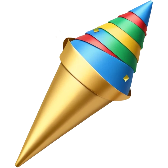 A small cone-shaped party popper tilted to the side, usually gold or yellow with diagonal stripes. It bursts open at the top, releasing colorful confetti and streamers in blue, red, yellow, or green. Represents celebrations, parties, excitement, or congratulations. emoji