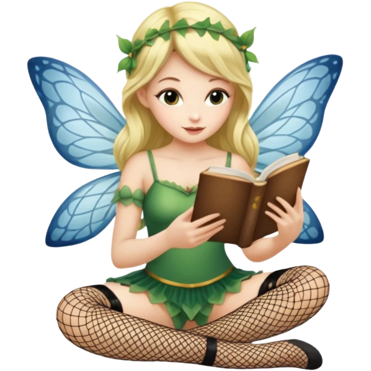 A fairy wearing fish net tights reading a book called “LSAT” emoji