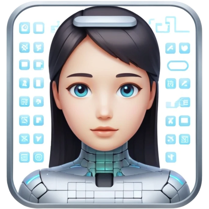  1girl, ai, artificial intelligence, face only, bodyless, no body, holographic face on the screen, holographic screen, pixelated face emoji