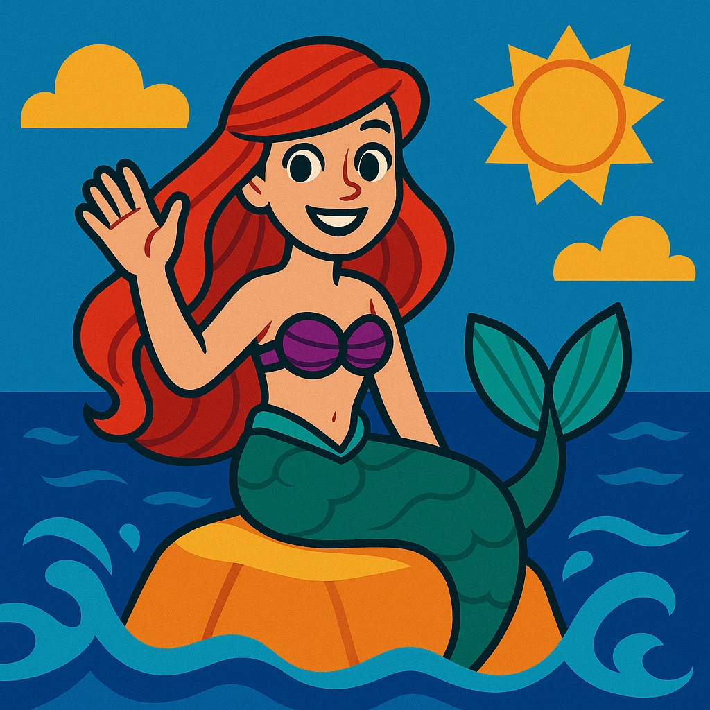 The little mermaid sitting on a rock, waving her hand to the viewer, smiling, in a charming and friendly style. emoji