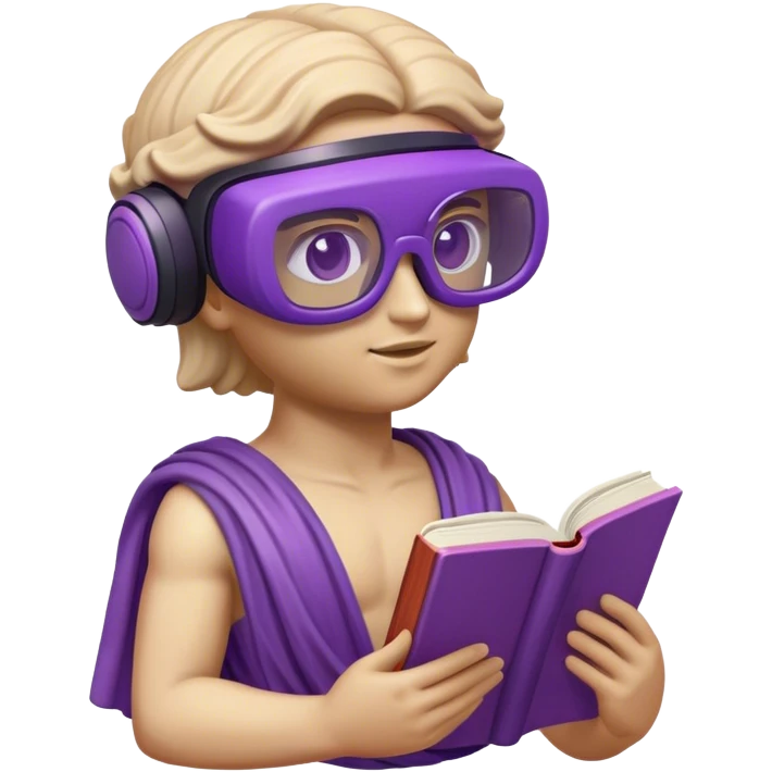 an-emoji-of-a-ancient-young-greek-statue-reading-a-book,-wearing-vr-glasses,-purple-colors,-digital-universe emoji