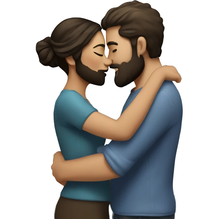 A couple in love, he with a beard and she are dark-haired white, they kiss against the background of mountains emoji