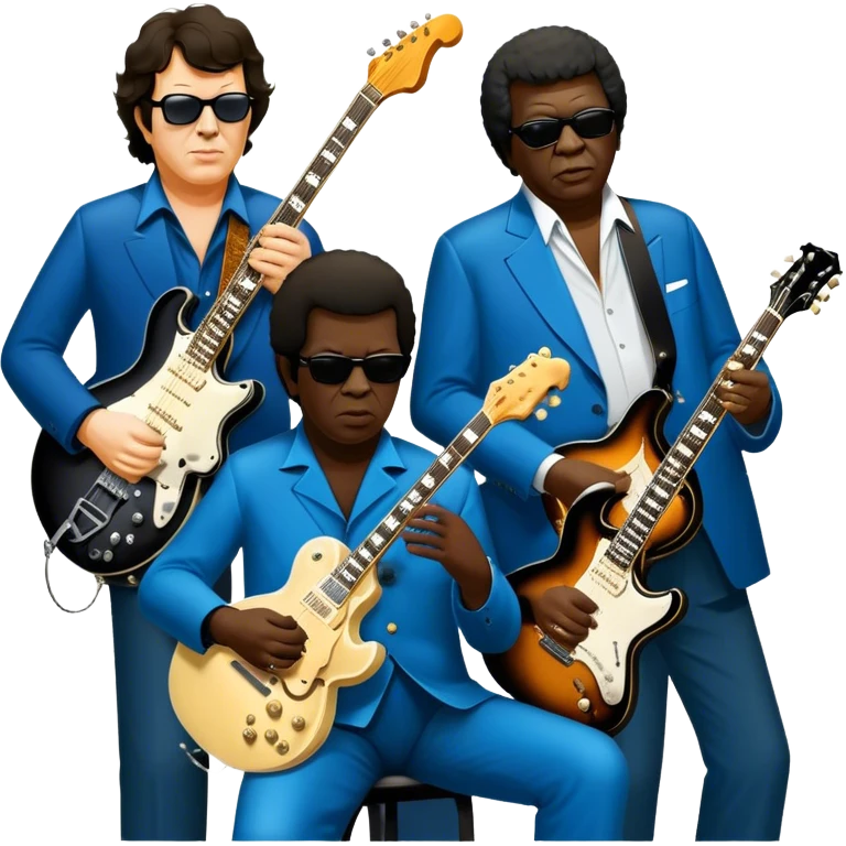 Icon for Blues Music: close-up collage of legendary blues artists. Gary Moore, Eric Clapton, B.B. King and Joe Cocker. Represented by silhouettes or symbolic items like guitars, microphones, or music notes, reflecting the soulful energy of blues music. Transparent background. emoji