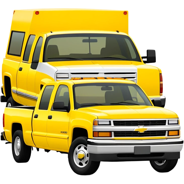 Simplified bright yellow 1997 Chevrolet C-2500 Crew Cab Silverado from Kill Bill, 30-degree angle, four-door pickup truck, minimal details, vibrant yellow color, iOS emoji style emoji