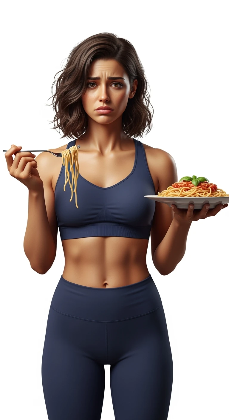 DONNA FITNESS ITALIANA CON PIATTO DI PASTA IN MANO ED ESPRESSIONE DISPIACIUTA IN VOLTO, REALISTICA 4K, ISOLATA SU SFONDO BIANCO emoji