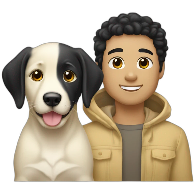 gay couple, two white straight blackhair australian white blackhair-slightly-curly-holding one light yellow labrador retriever puppy emoji