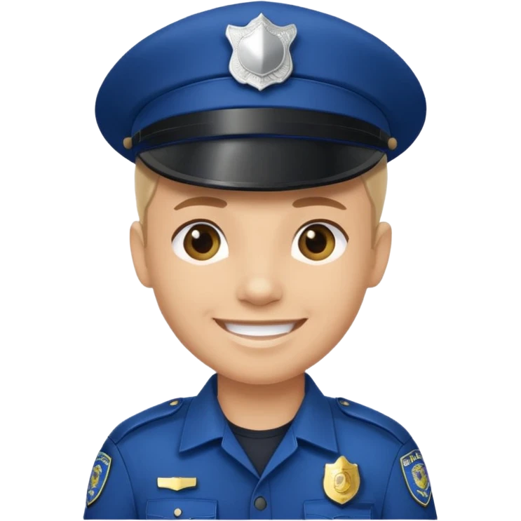 This is a cartoon-style avatar of a police officer with light skin, wearing a dark blue cap featuring a silver badge, and showing a smile expression. emoji
