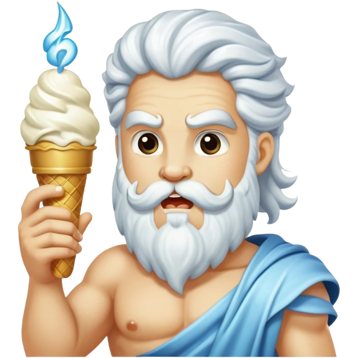 Zeus eating white ice cream and holding a thunderbolt emoji