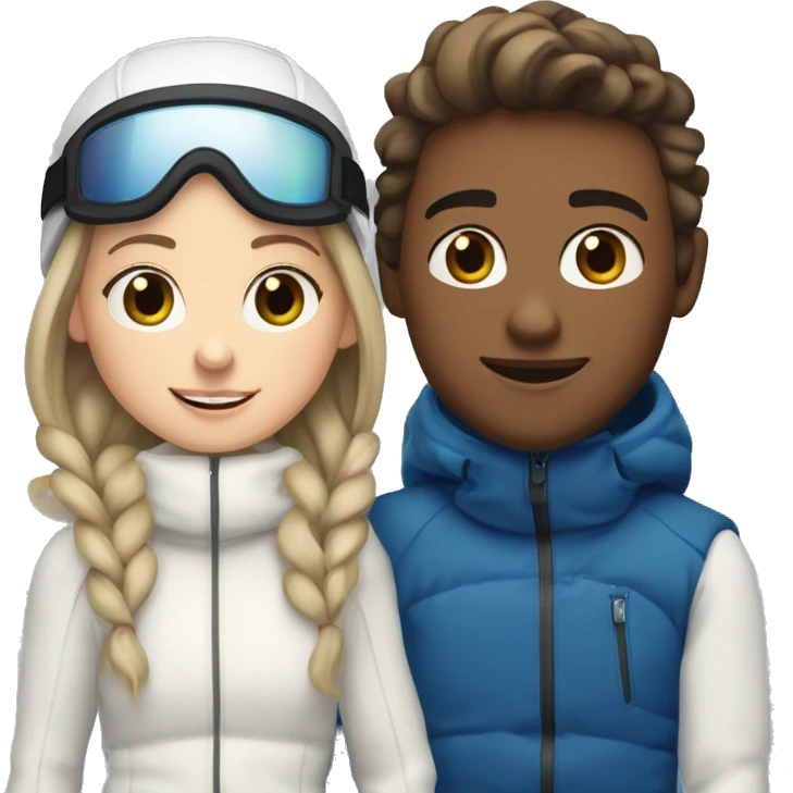 White brunette boy and white brunette girl skiing together in love (just them two) emoji