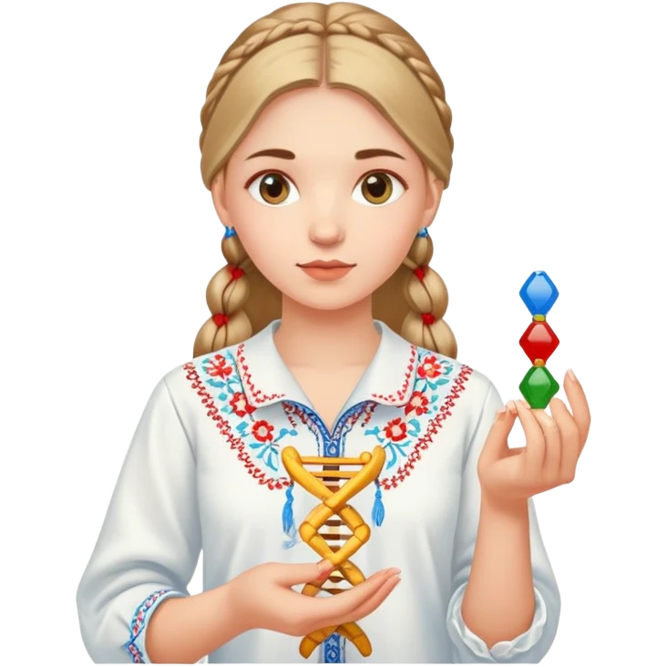 Ukrainian girl in traditional embroidered vyshyvanka shirt holding a DNA molecule in her hand emoji