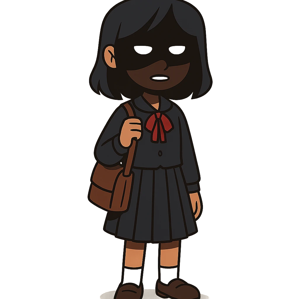 Girl in the shade, dark hair, dark school uniform, face in shadow, only outlines of eyes and mouth visible emoji