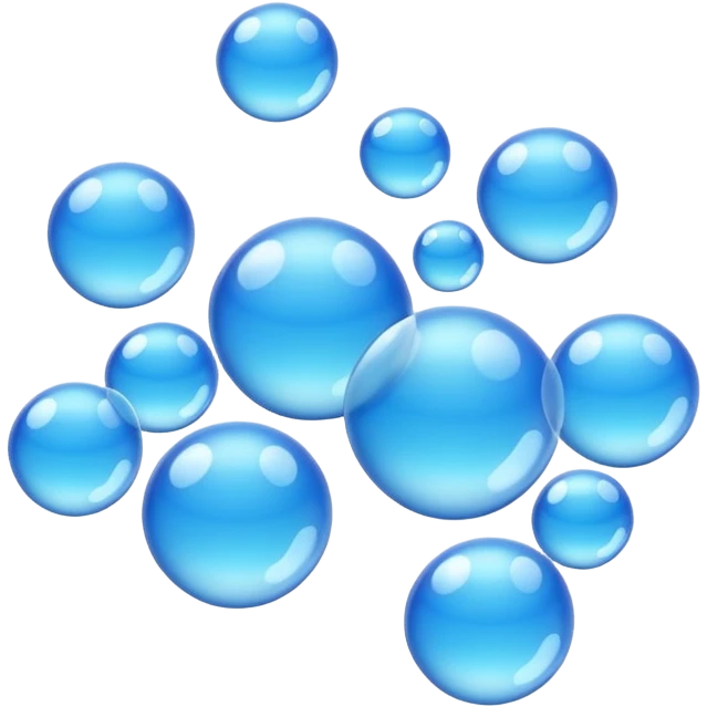 3D iPhone style emoji of free-floating bubbles, scattered randomly in the air, translucent and shiny, various sizes, not contained in any circle, isolated on white background, soft shadows, high detail, NO FACE emoji