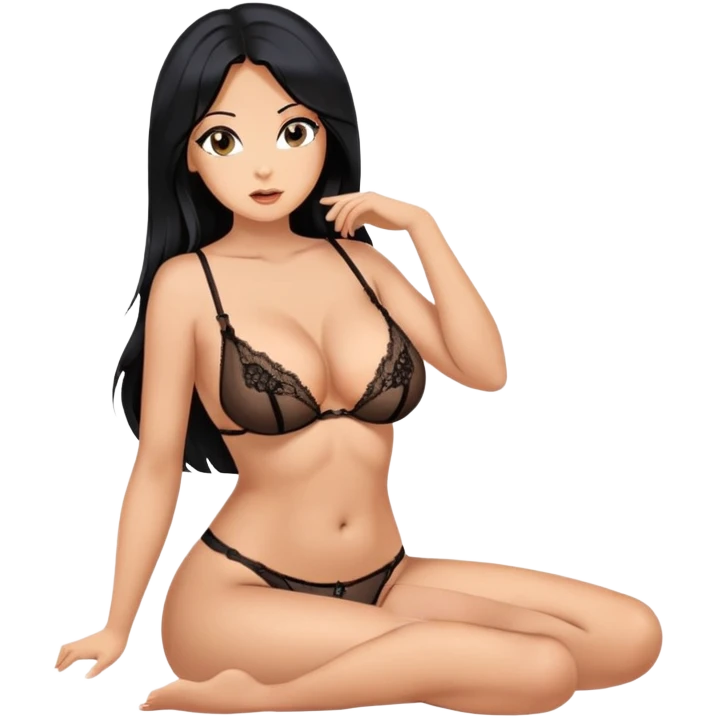 SFW Intimate pose, adult woman, long black hair tanned, lingerie covered breasts showing areola SFW, sitting up  emoji