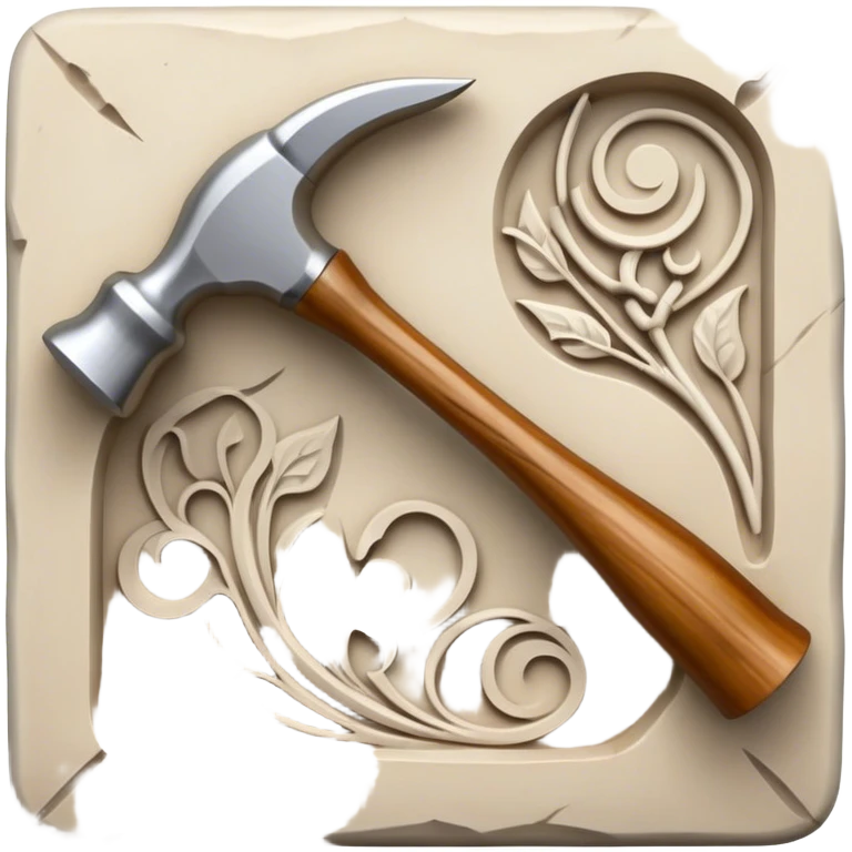 Carving icon, stone, bone, and horn being carved with chisels, fine detailed patterns visible, carving tools like hammer and chisel, minimalistic style, clean lines, transparent background. emoji