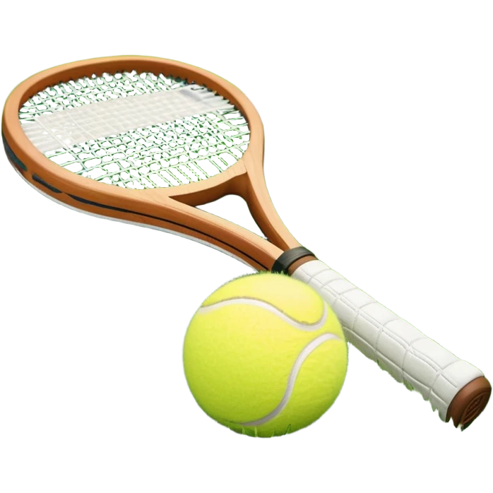 A detailed tennis racket resting on lush green grass beside a bright yellow tennis ball. The scene captures the essence of classic lawn tennis, with a crisp and clean background emphasizing the elegance and tradition of the sport emoji