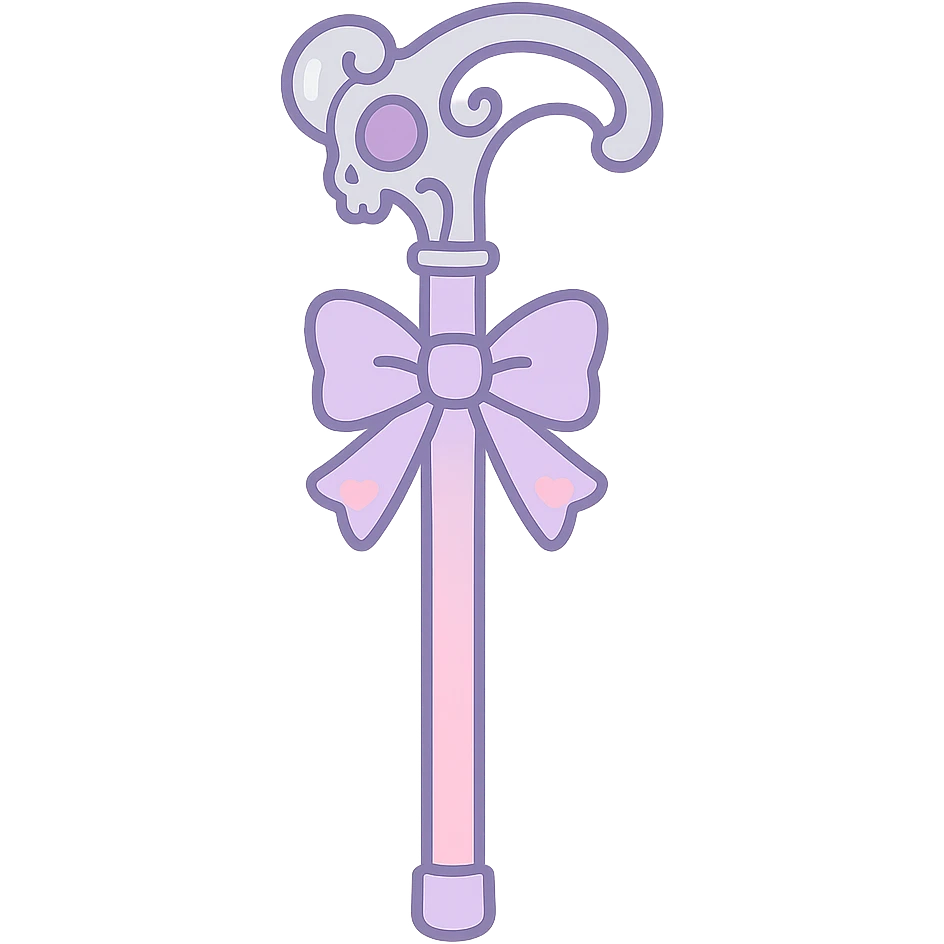 ornate cane in pastel goth style, pastel pink and lavender colors, silver handle, cute and dark aesthetic emoji