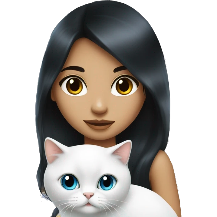 long black hair latin girl with white persian blue eye cat. emoji