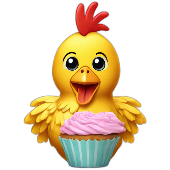 Chica is a yellow animatronic chicken with a bib and a cupcake emoji
