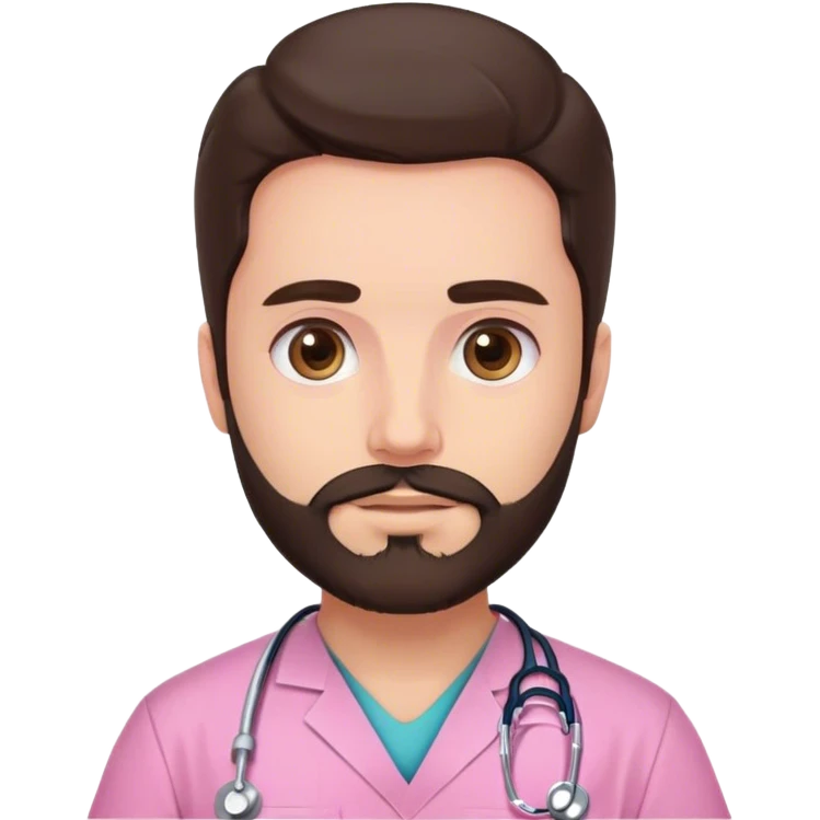 doctor with dark long brown hair and beard, big brown eyes and pink scrubs  emoji