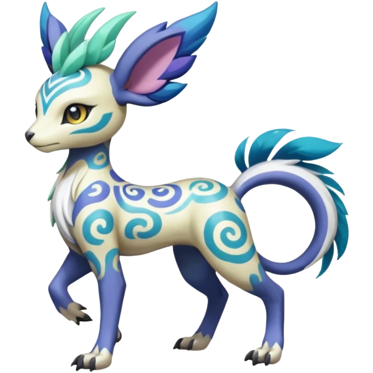 Tropical Tiny Marked Patterned Tribal Colorful Skilled Adept Graceful Asian Painted Garurumon-Meloetta-Absol-Suicune-Cobalion-fusion-hybrid-creature (full body) emoji