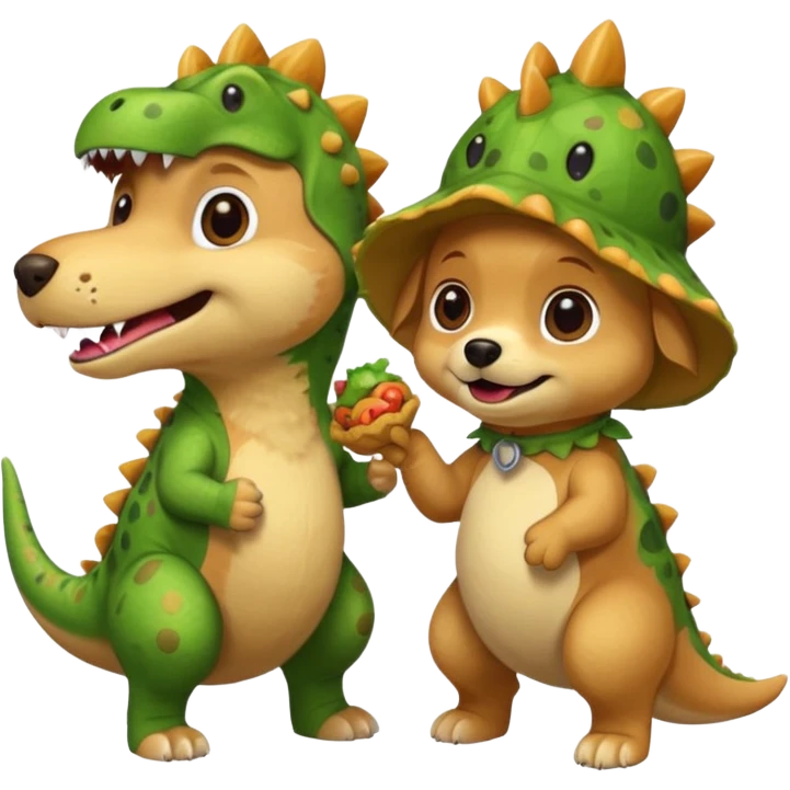 a golden retriever with a dinosaur costume thats eating a chihuahua thats in a dinosuar costume emoji